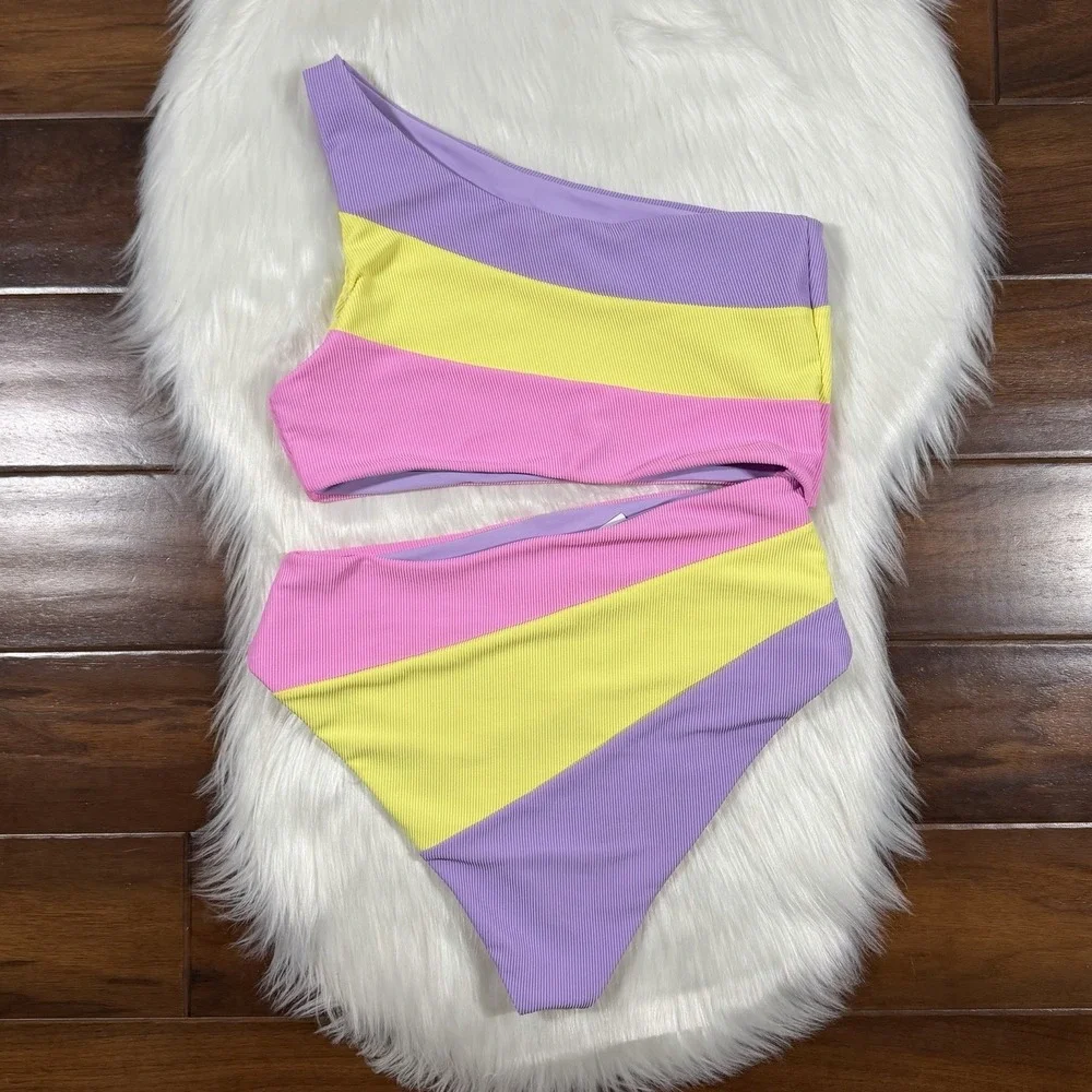 Beach Riot Womens Size Large Pink Yellow Purple Joyce Cut Out One Piece Swimsuit - Picture 8 of 11
